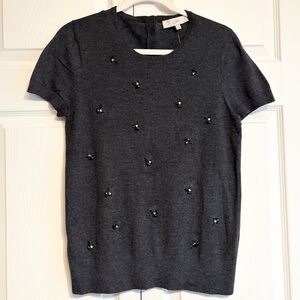 LOFT Knit Top Charcoal Beaded Women Medium New Casual Summer